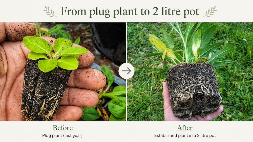 From Plug Plant to 2 Litre Pot Before-and-after comparison of a Devil’s-bit Scabious plant, showing a young plug plant last year and an established plant with a larger rootball grown on in a 2 litre pot.
