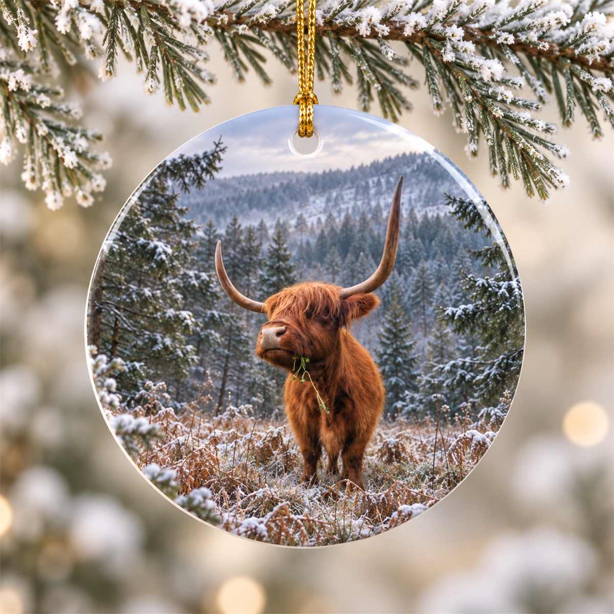 Highland cow Christmas ornament hanging from a Christmas tree