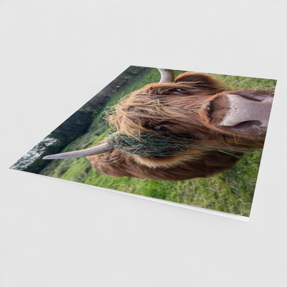 Highland cow greetings card - Highland Curiosity - view of front at an angle