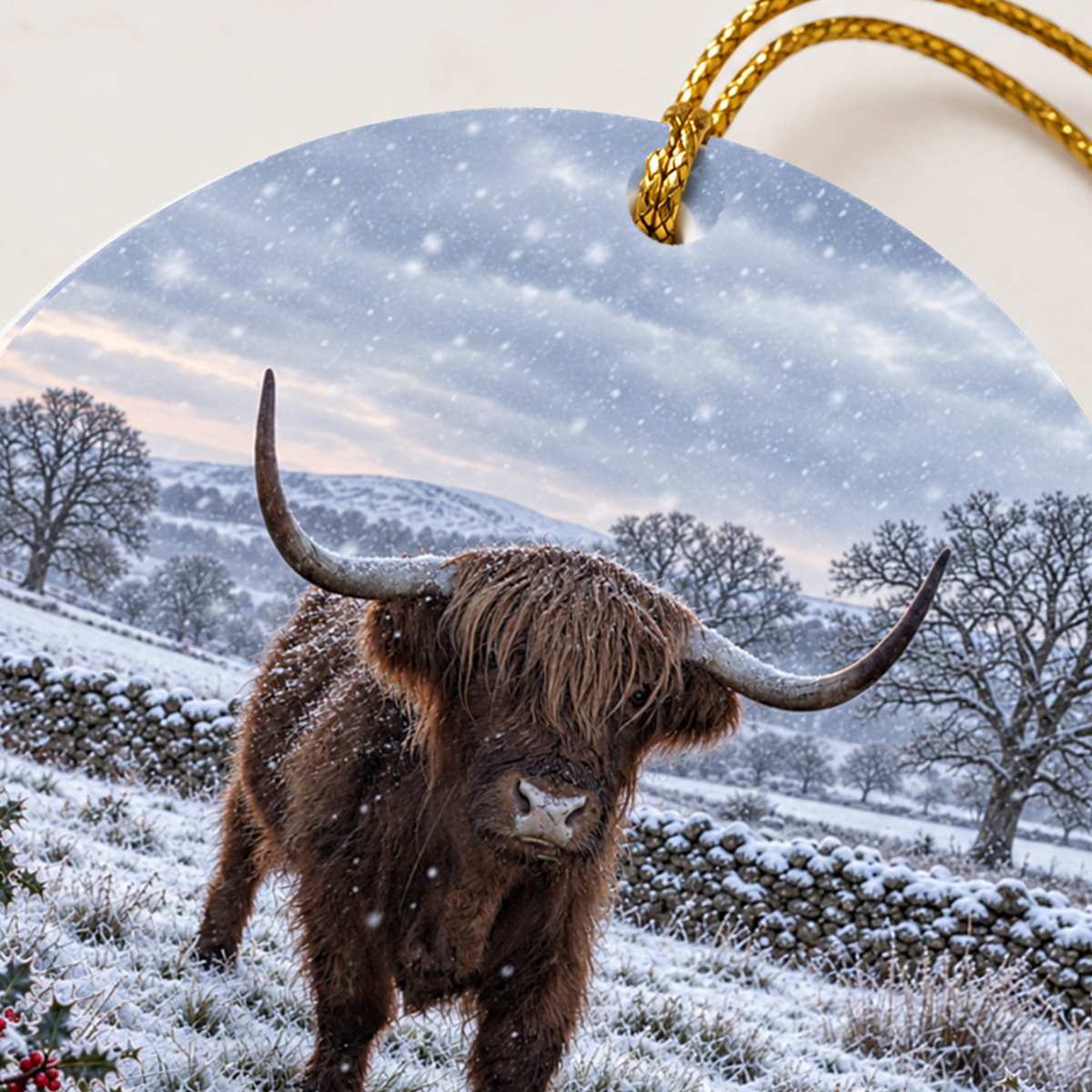 Highland cow Christmas ornament close-up