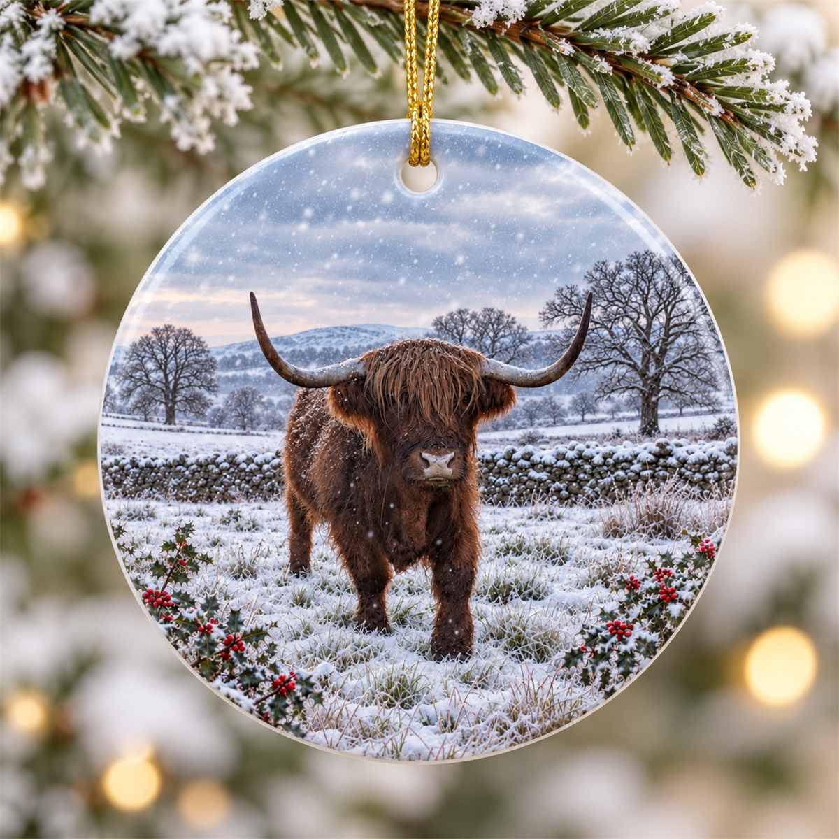 Highland cow Christmas ornament hanging from a Christmas tree
