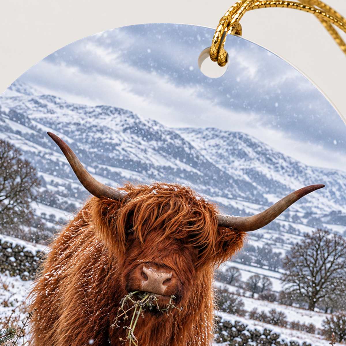 Highland cow Christmas ornament close-up