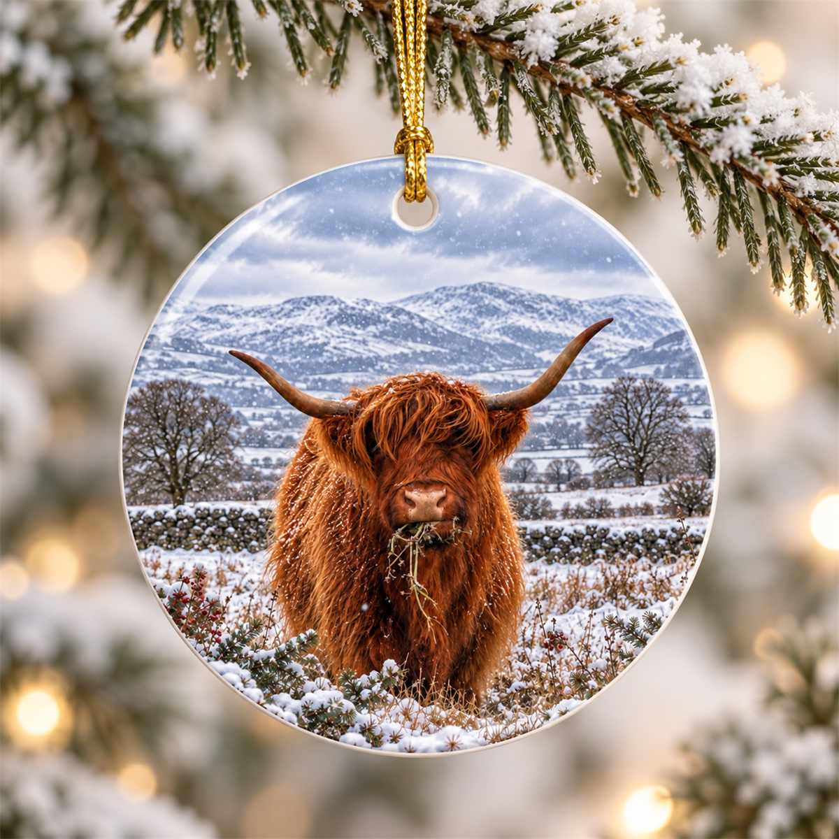 Highland cow Christmas ornament hanging from a Christmas tree