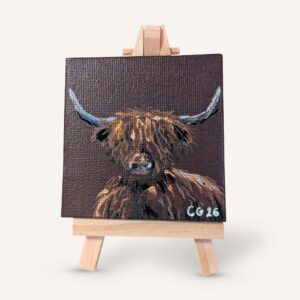 Mini Highland Cow Canvas painting on wooden easel