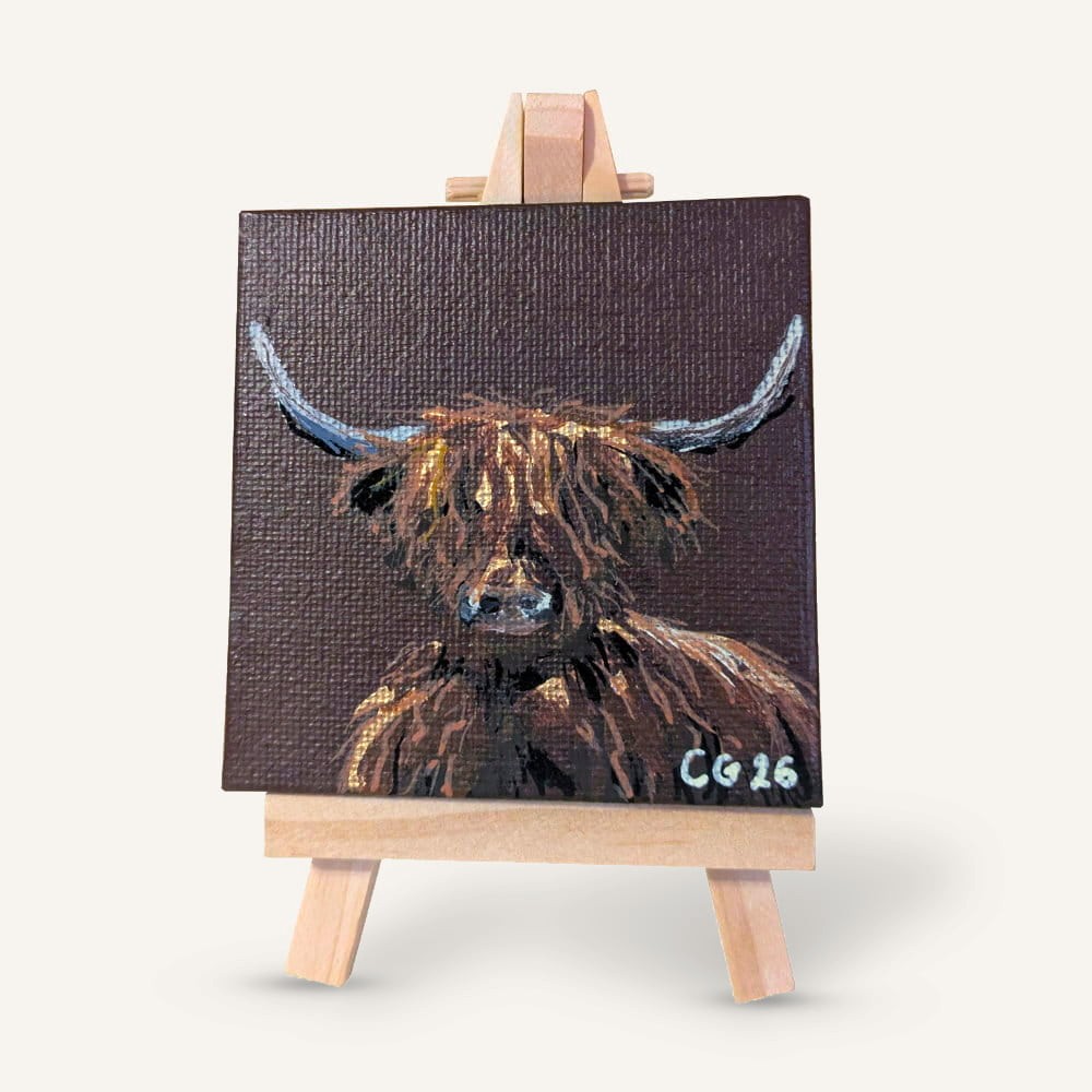 Mini Highland Cow Canvas painting on wooden easel