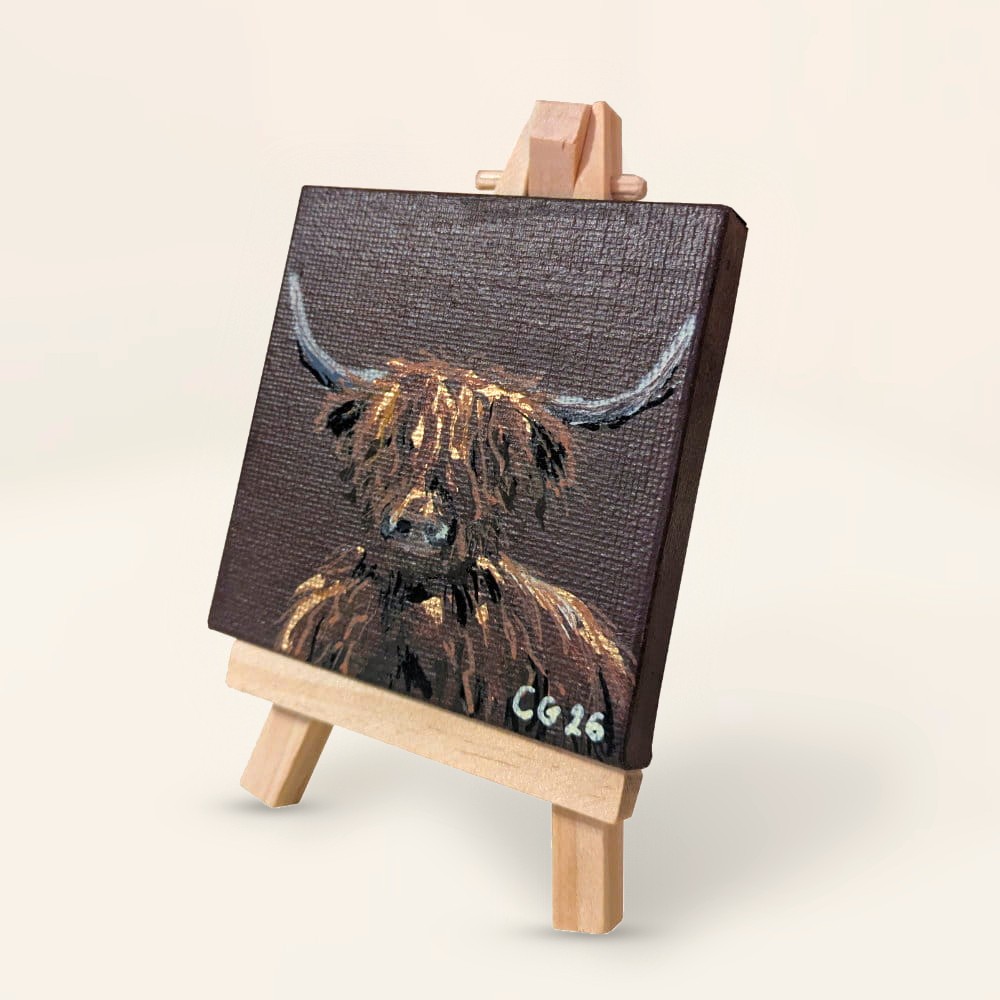 Mini Highland Cow Canvas painting on wooden easel