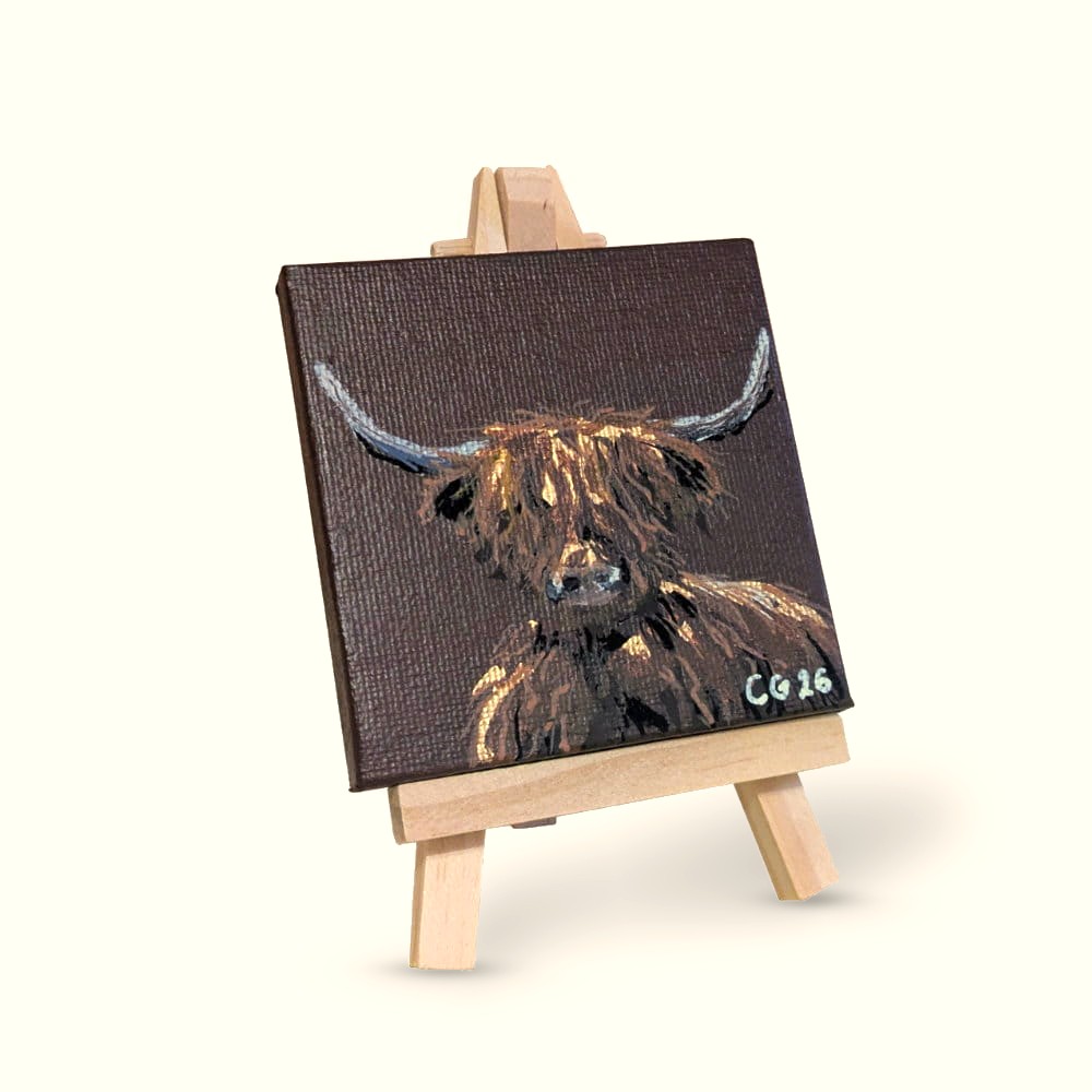 Mini Highland Cow Canvas painting on wooden easel